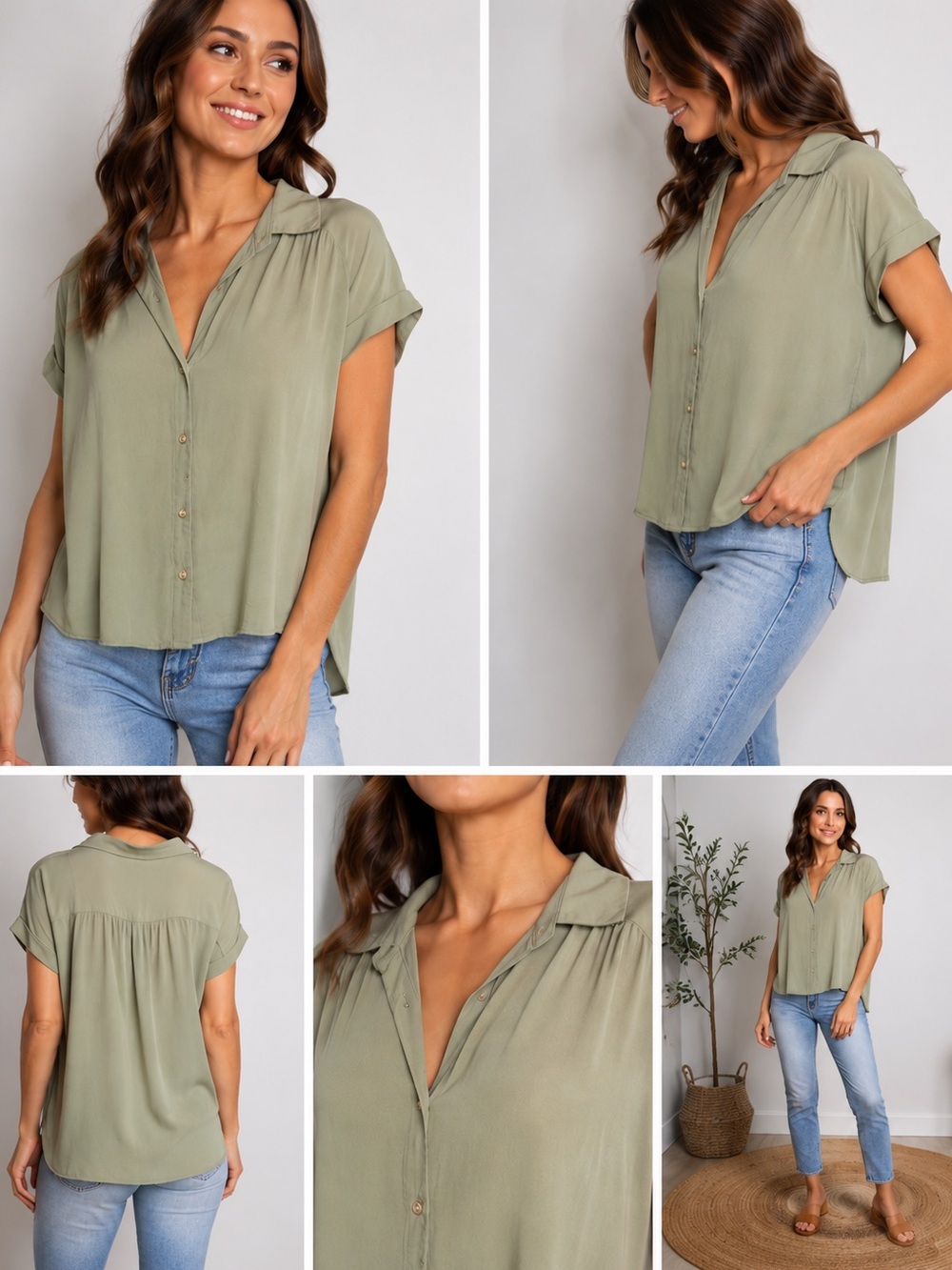 Rose + Olive Green Button-Up Blouse - EUC - Size Medium